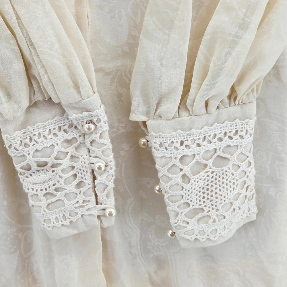 Vintage 1970s Gunne Sax Jessica Cream Crochet Maxi Prairie Sheer Dress Sz 5 - Picture 12 of 16
